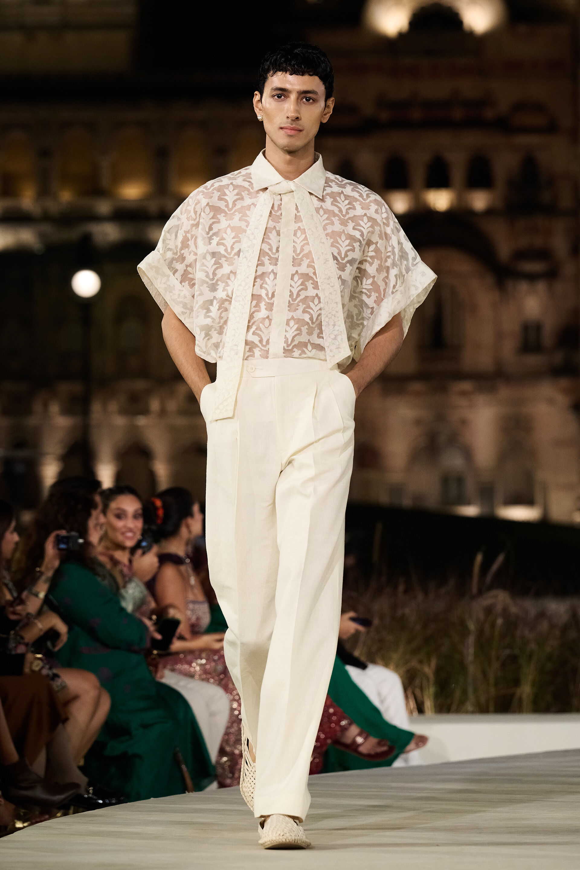 Fawn Handwoven Benarasi Silk Shirt Set - Natural